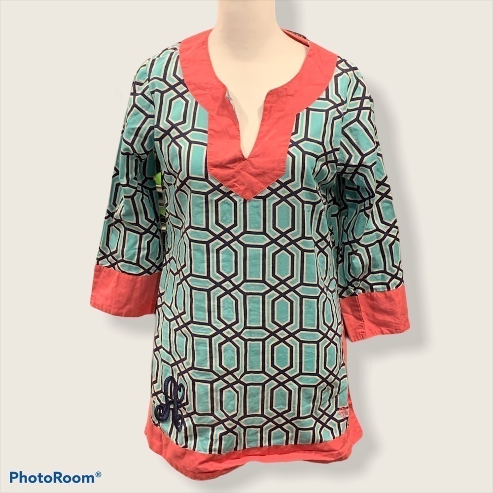 Simply‎ Southern Tunic Top Womens Small Pink Blue Geometric Lattice 3/4 Sleeve